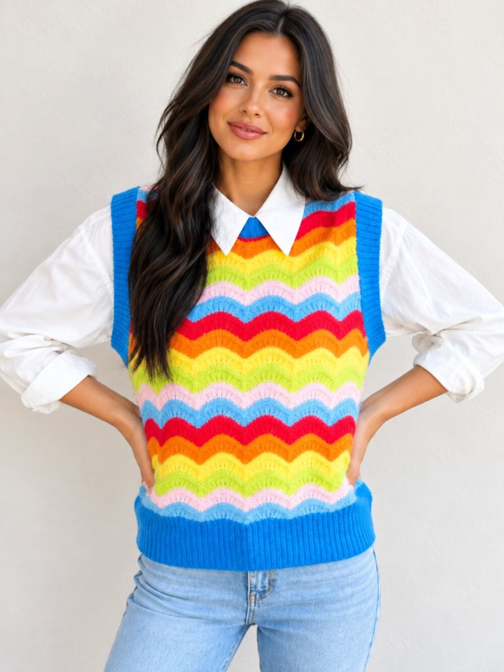 Zara Rainbow Knit Sweater Vest Multicolor Scalloped Stripe Wool Alpaca S NWT